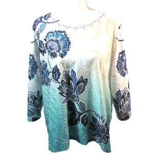 Alfred Dunner Women's Long Sleeve Multi Color Floral Print Beaded Neck Shirt L.